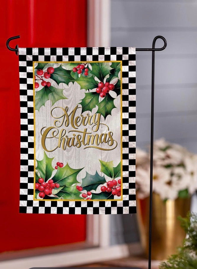 Merry Christmas Holly Moire Garden Flag
