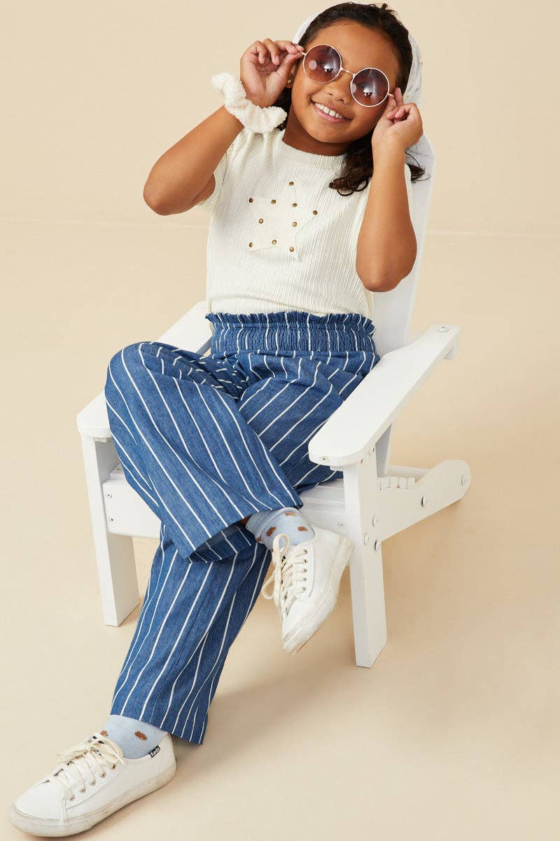 Girls Smocked Waist Pinstripe Wideleg Chambray Pants