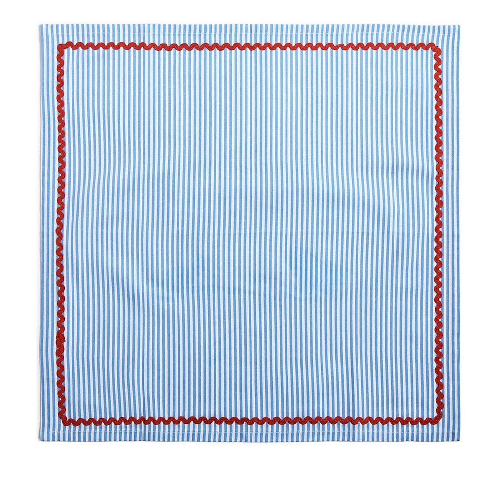 Set of 4 Blue Stripe w/Red Ric Rac Trim Cloth Dinner Napkins -