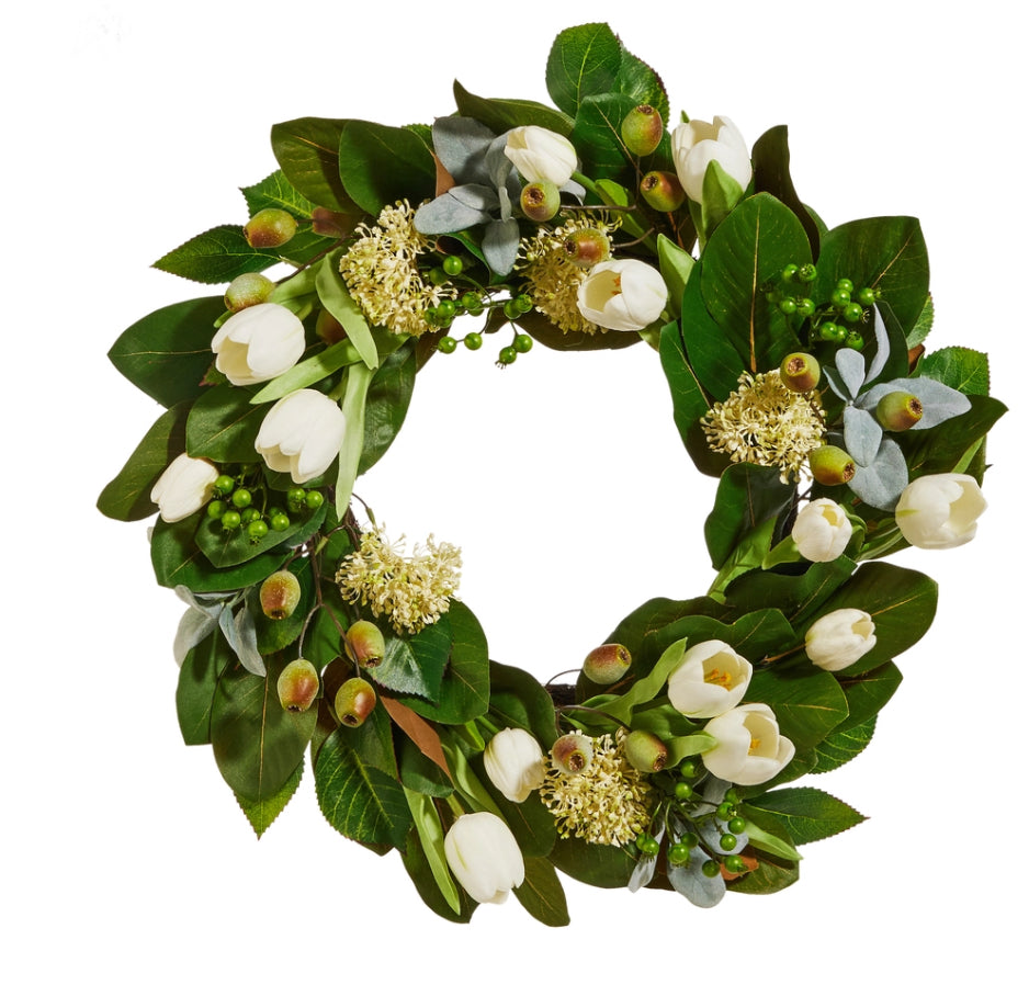 25" Tulip And Mixed Greenery Wreath
