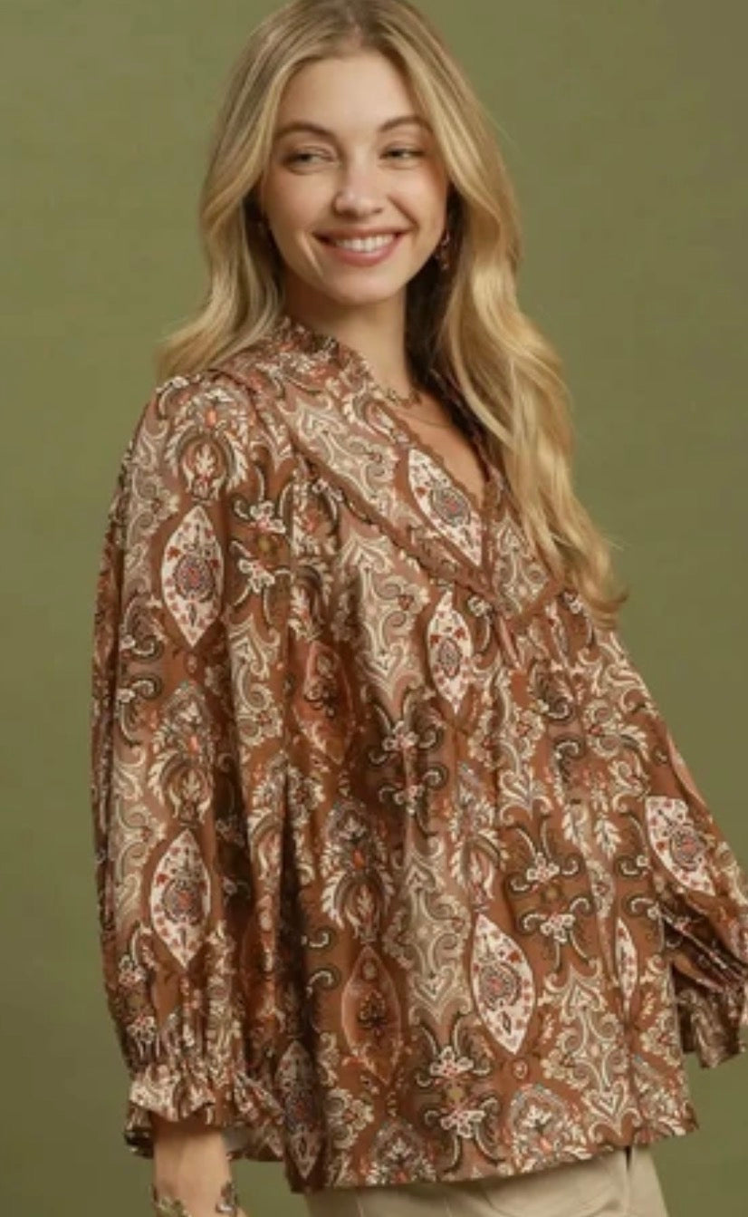 Paisley Print Lace Trim Babydoll Blouse