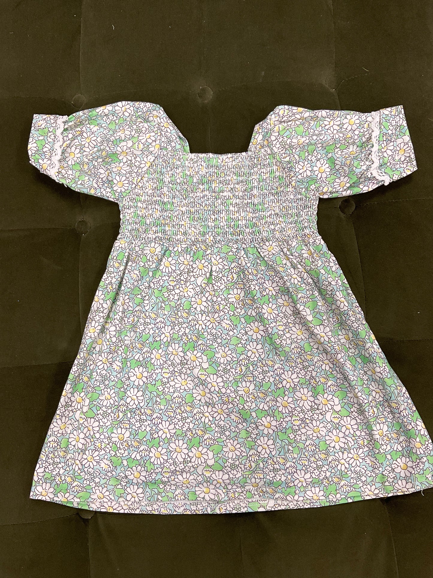 Green floral print smocked girl dress