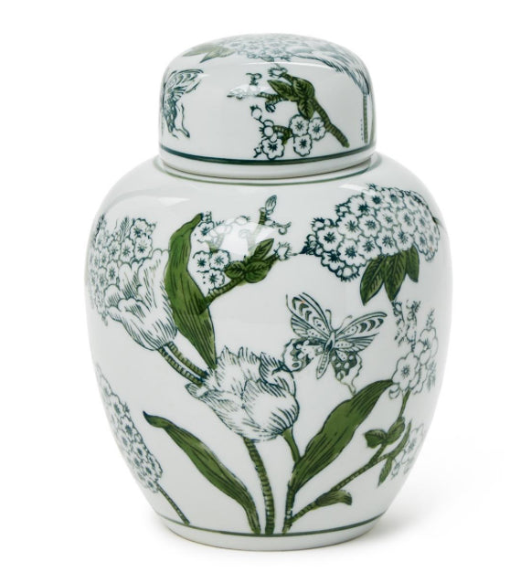 Primrose and Lotus 7 1/2" Hand-Painted Green and White Chinoiserie Ginger Jar with Lid