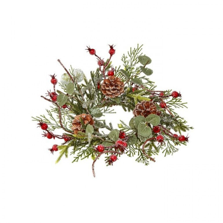 12 inch frost mix green berry cone candle ring