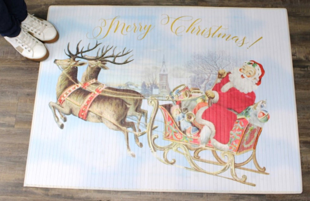 47x35" Bamboo Mat, Santa in Sleigh Merry Christmas