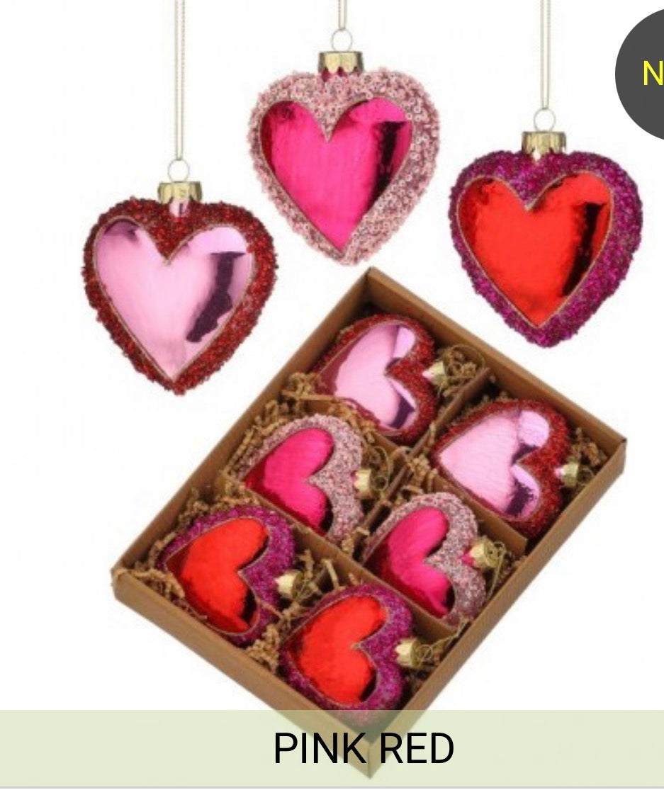 3" GLITTER GLS SEQUIN HEART ORNAMENT BOX/6