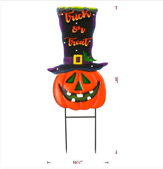 Halloween metal pumpkin with hat