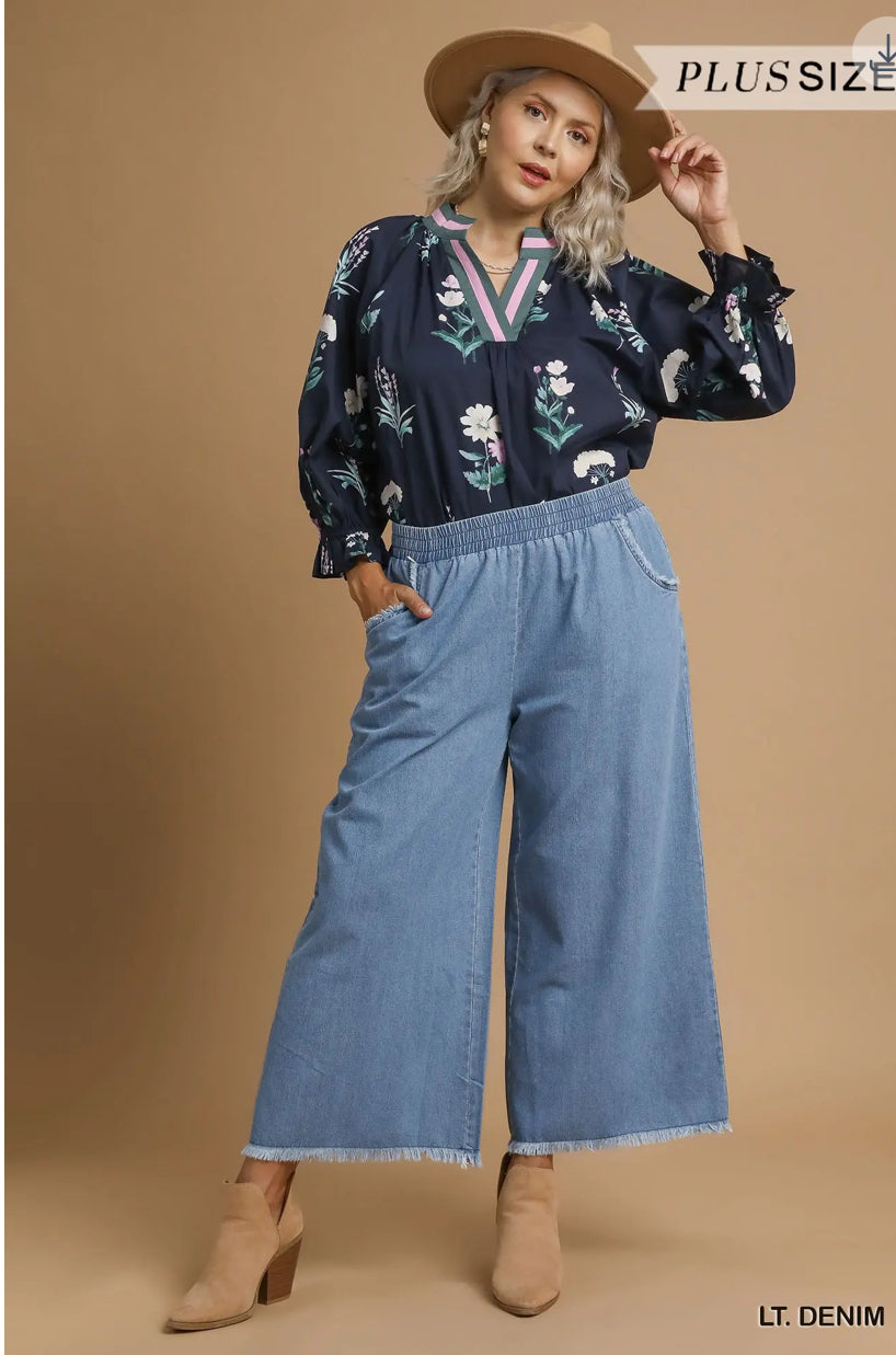 Washed Denim Pants with Fringe Hem