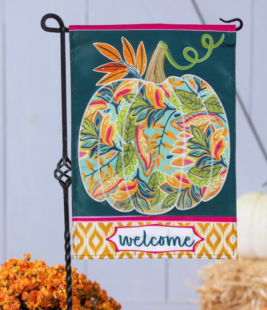 Patterned Jacobean Floral Pumpkin Applique Garden Flag