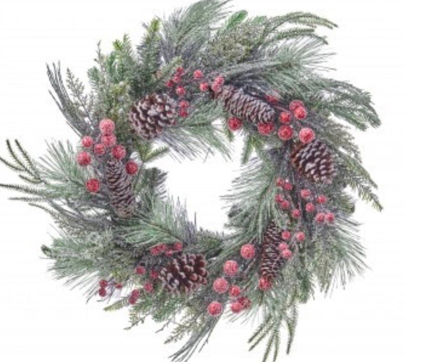 24" ICED GLITTER BERRY/CONE/EGREEN WREATH