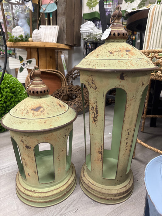 Green metal lanterns