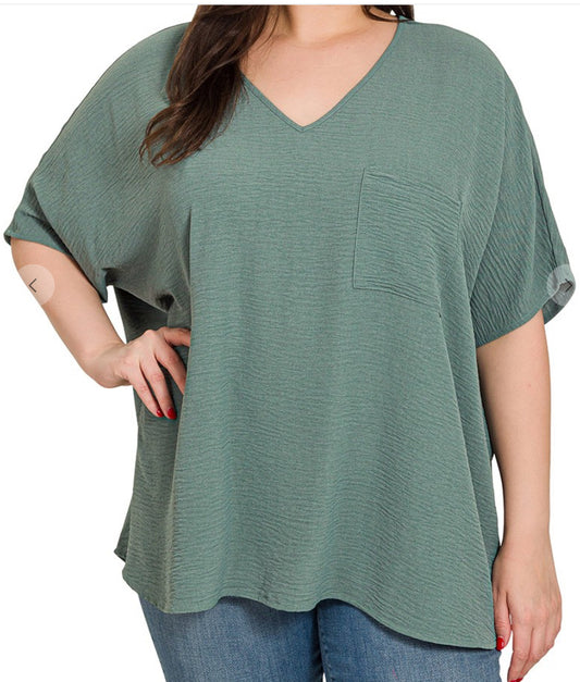 Plus Woven Airflow V-neck Dolman Short Sleeve Top