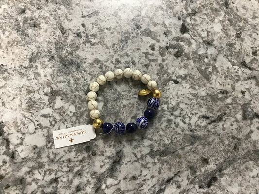 Lapis&blue&white handpainted porcelain stretch bracelet