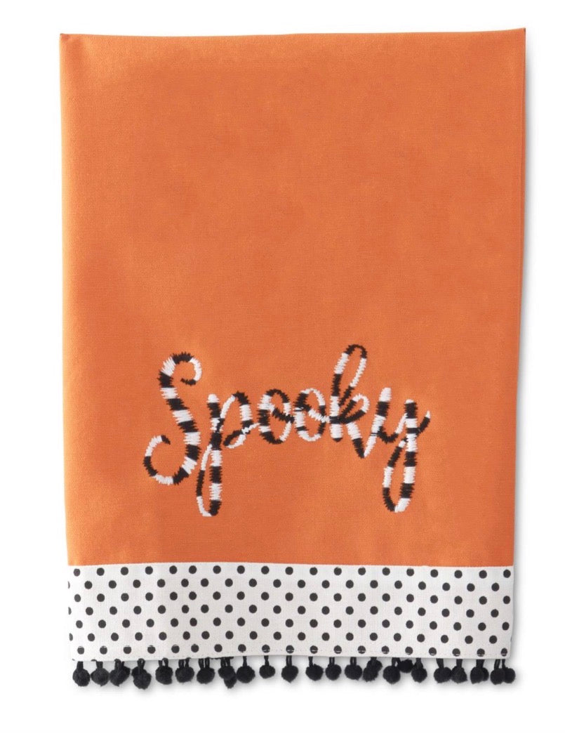 28 INCH ORANGE HALLOWEEN TOWEL W/BLACK WHITE EMBROIDERED SPOOKY