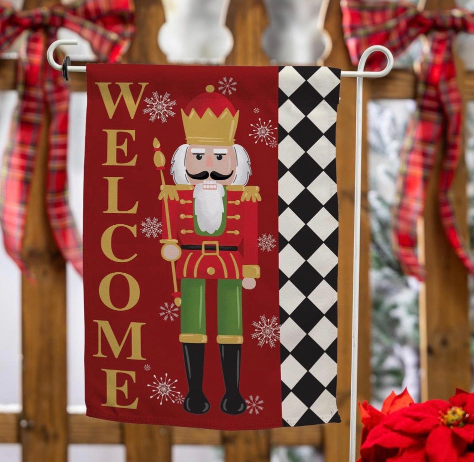 Welcome Nutcracker Suede Garden Flag