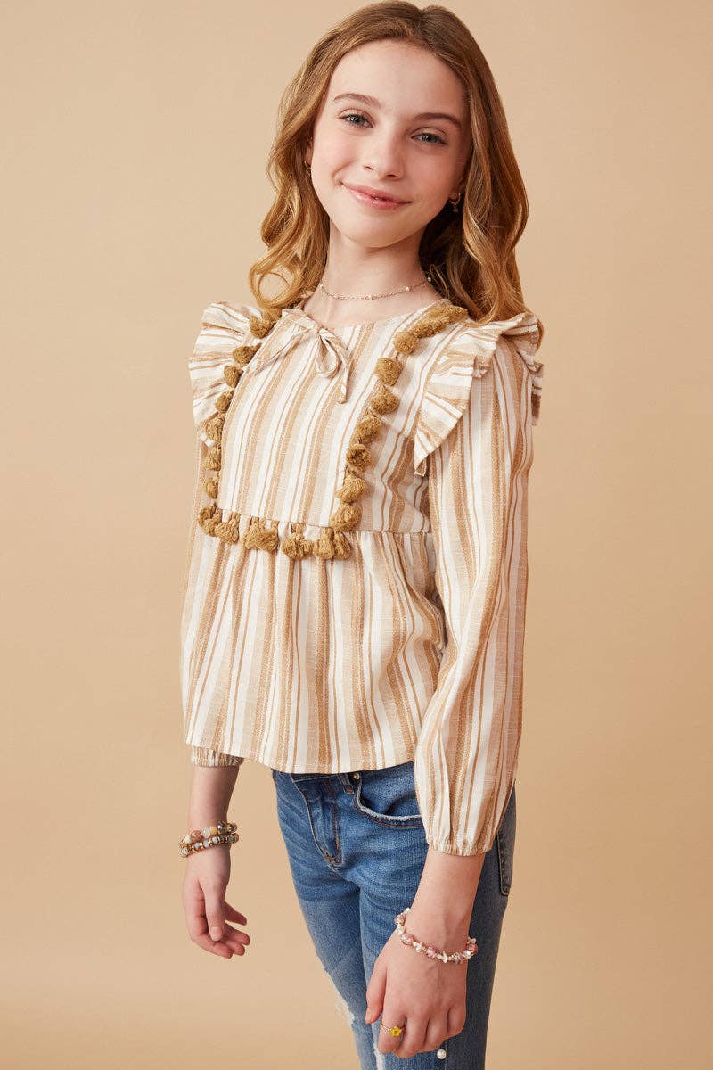 Girls Textured Stripe Tasseled Bodice Top