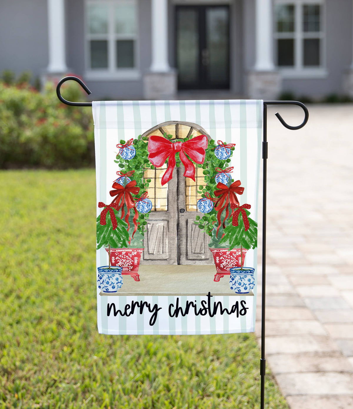 Christmas Garden Flag - Red Bow Front Door