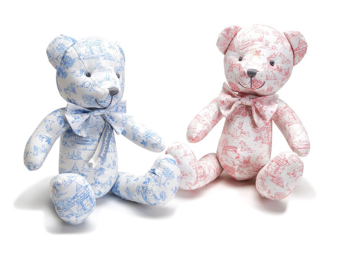 Animal Toile Pattern Stuffed Teddy Bear with Movable Arms and Legs Assorted 2 Colors: Pink and Blue - Cotton/Polyester Fill