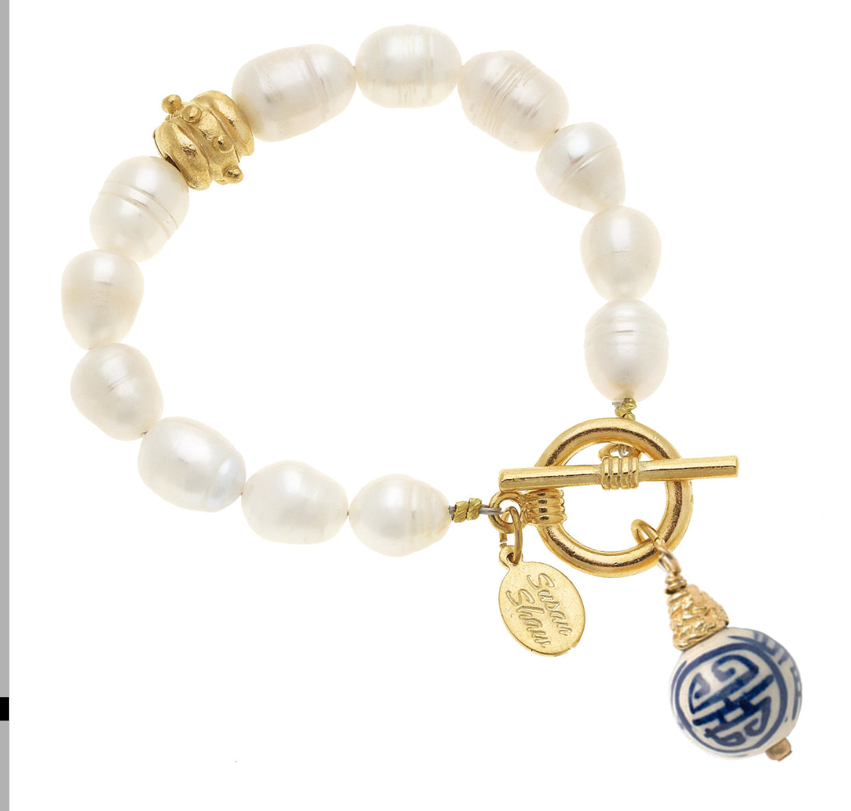 Handpainted, blue and white porcelain ball and freshwater, pearl toggle bracelet