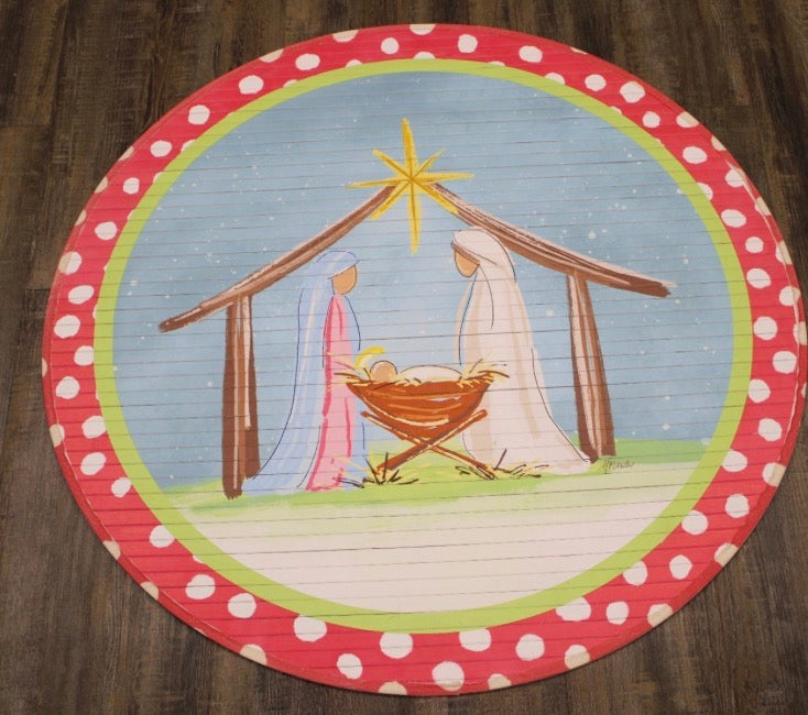 35" Round Bamboo Mat, Colorful Nativity