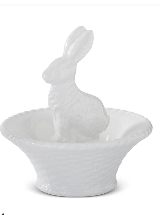 White dolomite bunny in basket bowl