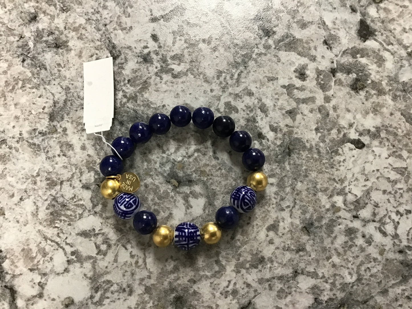 Lapis&blue&white handpainted porcelain stretch bracelet