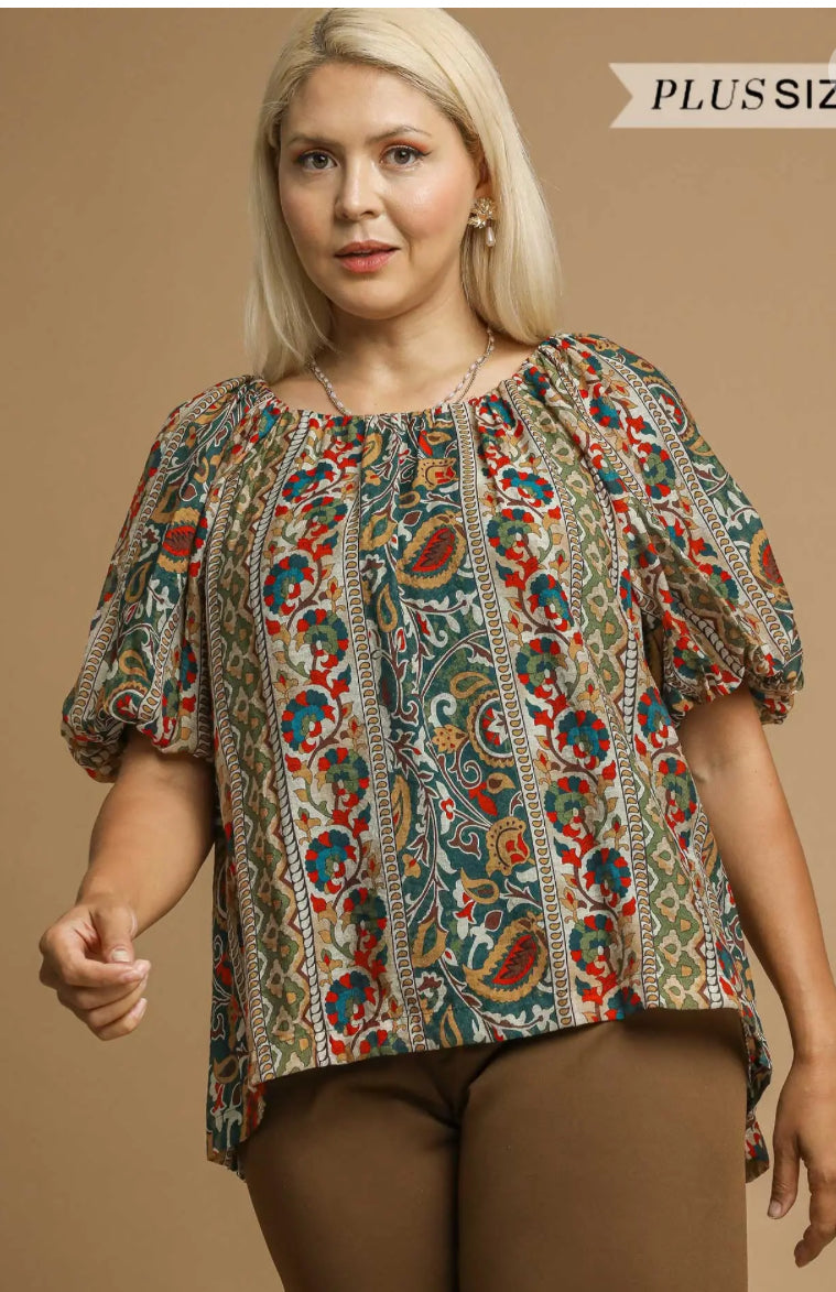 Boho Floral Stripe Puff Sleeve Blouse