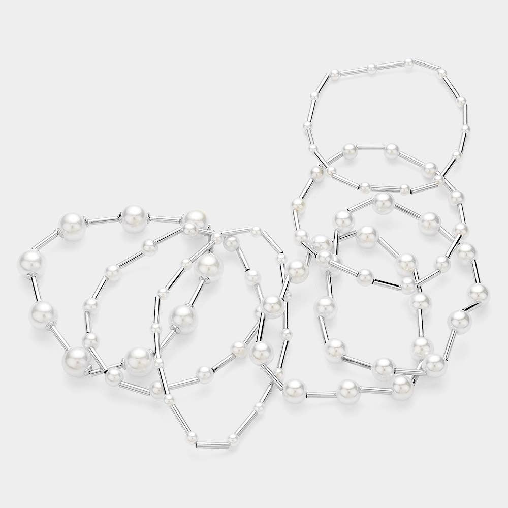 7PCS - Pearl Metal Ball Beaded Stretch Multi Layered Bracelets