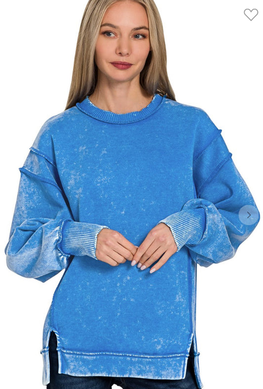 Acid Wash Exposed-seam Fleece Sweatshirt