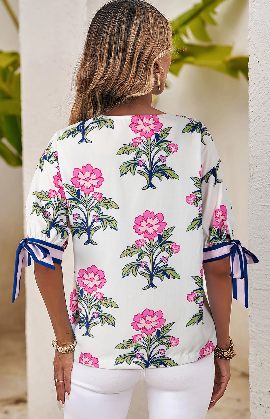 Ldc Floral Colorblock Stripe Knot Bubble Sleeve Blouse