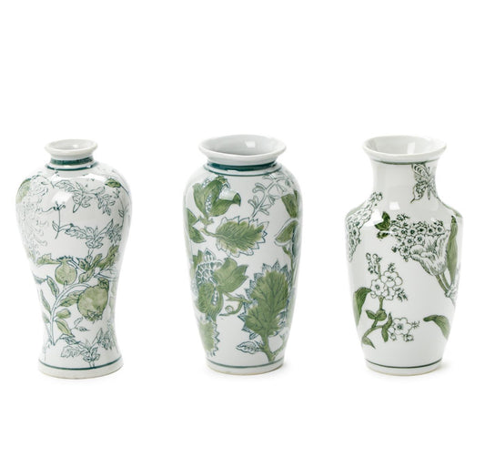 Primrose and Lotus Hand-Painted Green and White Chinoiserie Vases