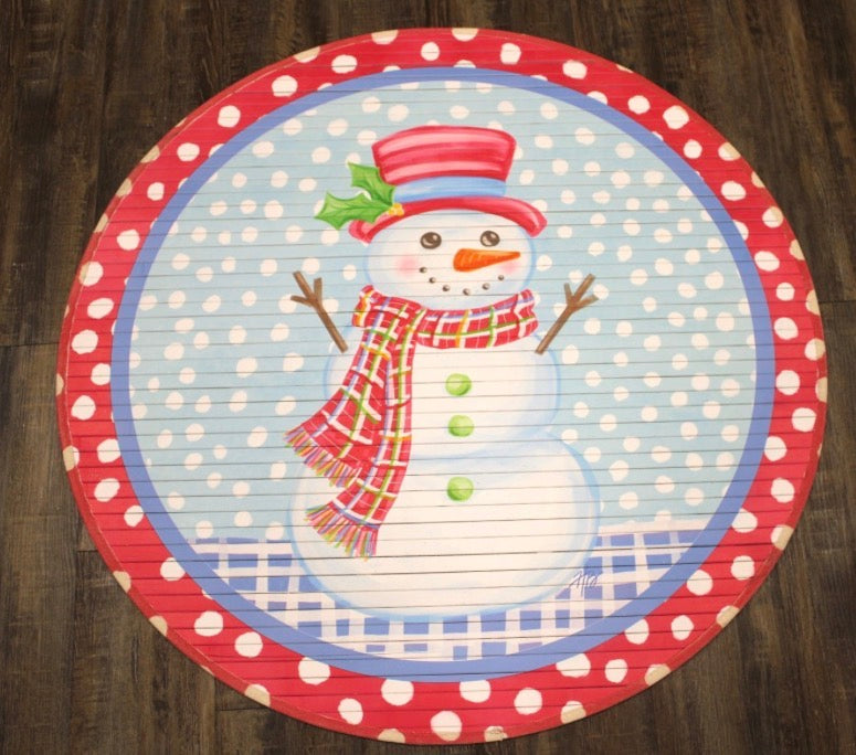 35" Round Bamboo Mat, Colorful Snowman