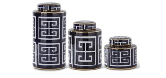 Blue white lidded jars with gold rim