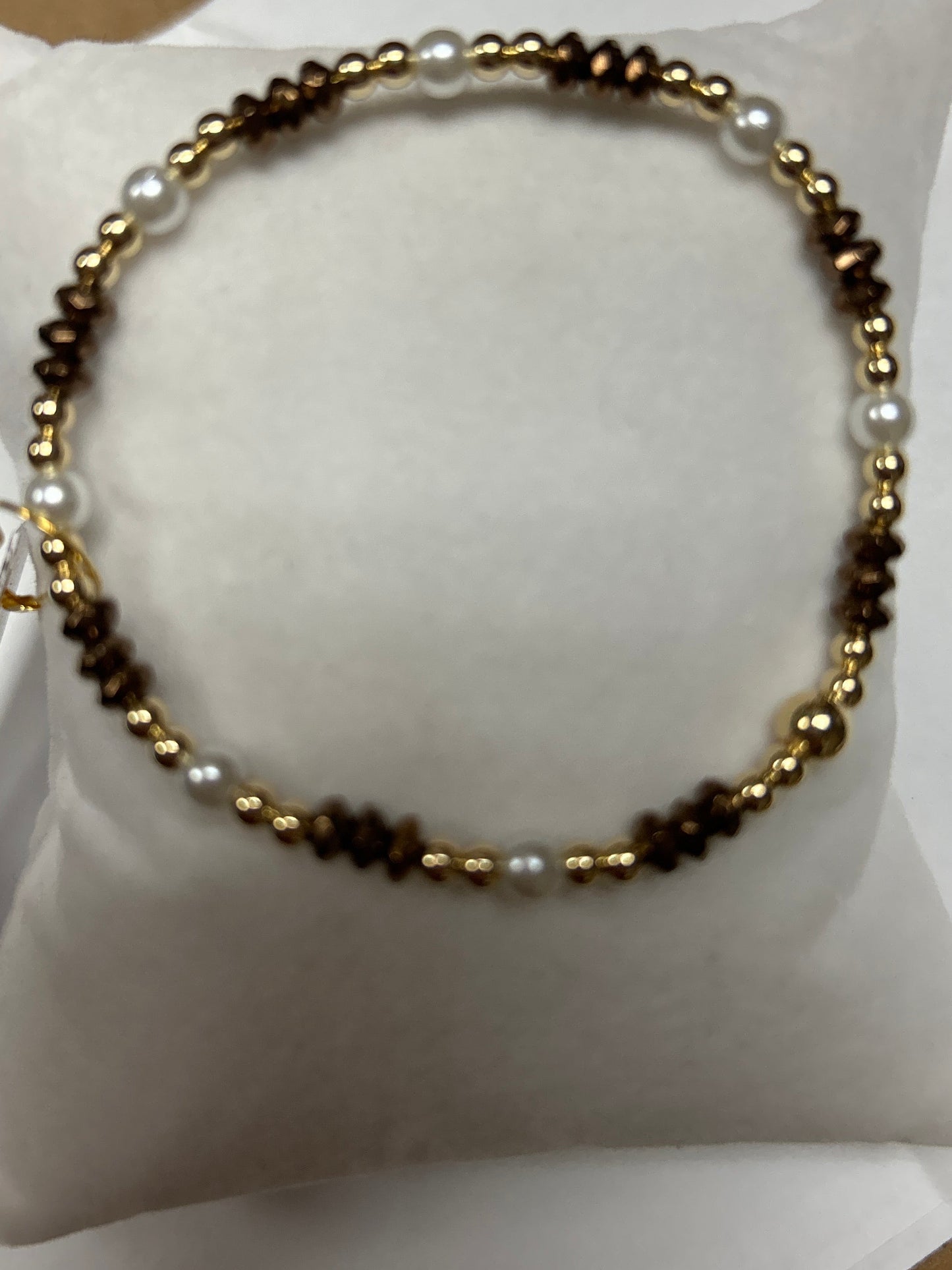 Brown Hematite, gold filled, and Glass Pearl Bracelet