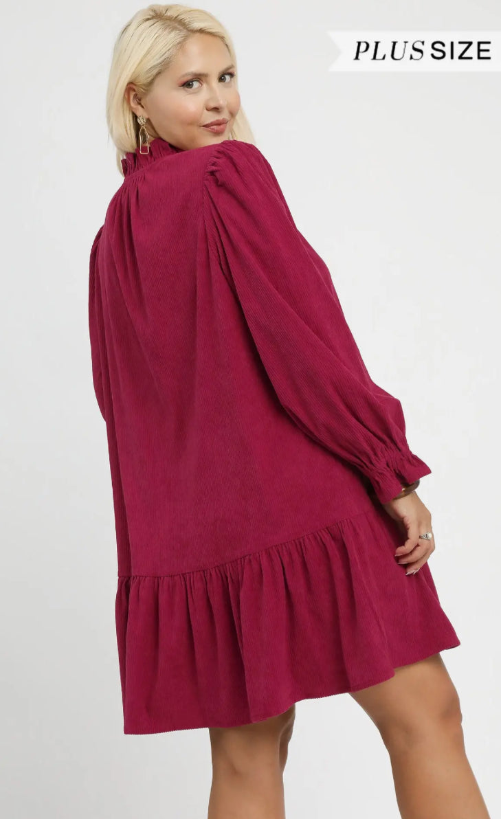 Corduroy Ruffle Trim Babydoll Dress-raspberry