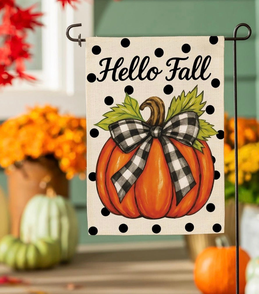 Checkered Bow Pumpkin Burlap Garden Flag