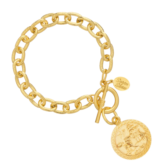 Blue willow plate gold toggle bracelet
