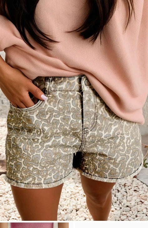 Ldc Raw Edge Leopard Print Denim Shorts