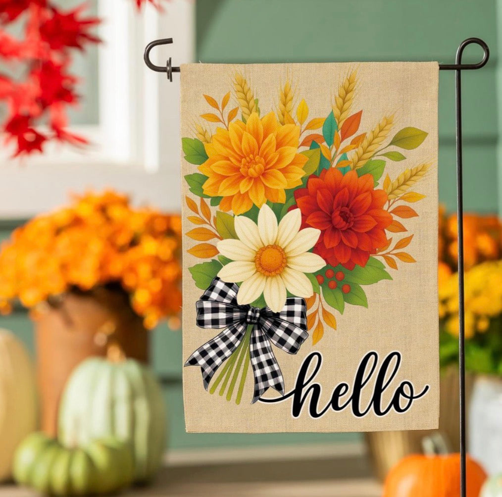 Hello Fall Bow Florals Burlap Garden Flag