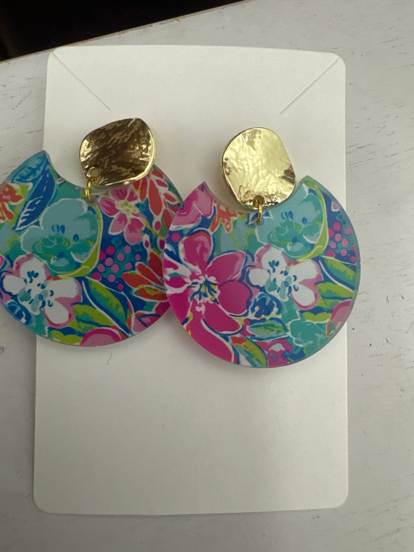 Preppy Earrings, Colorful Notched Circle Earrings, Floral