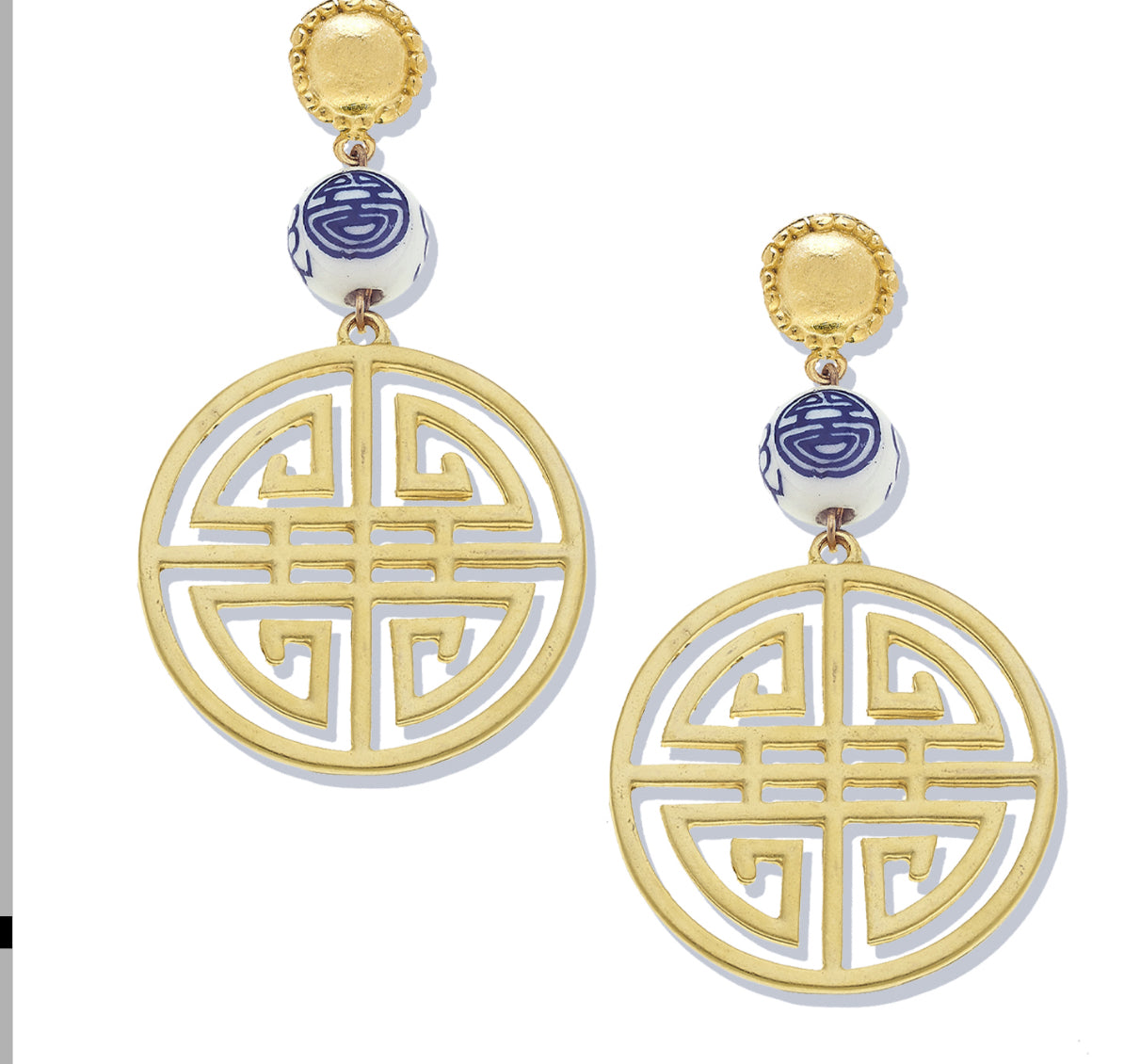 Gold dot top, hand painted blue and white porcelain bead medallion earrings