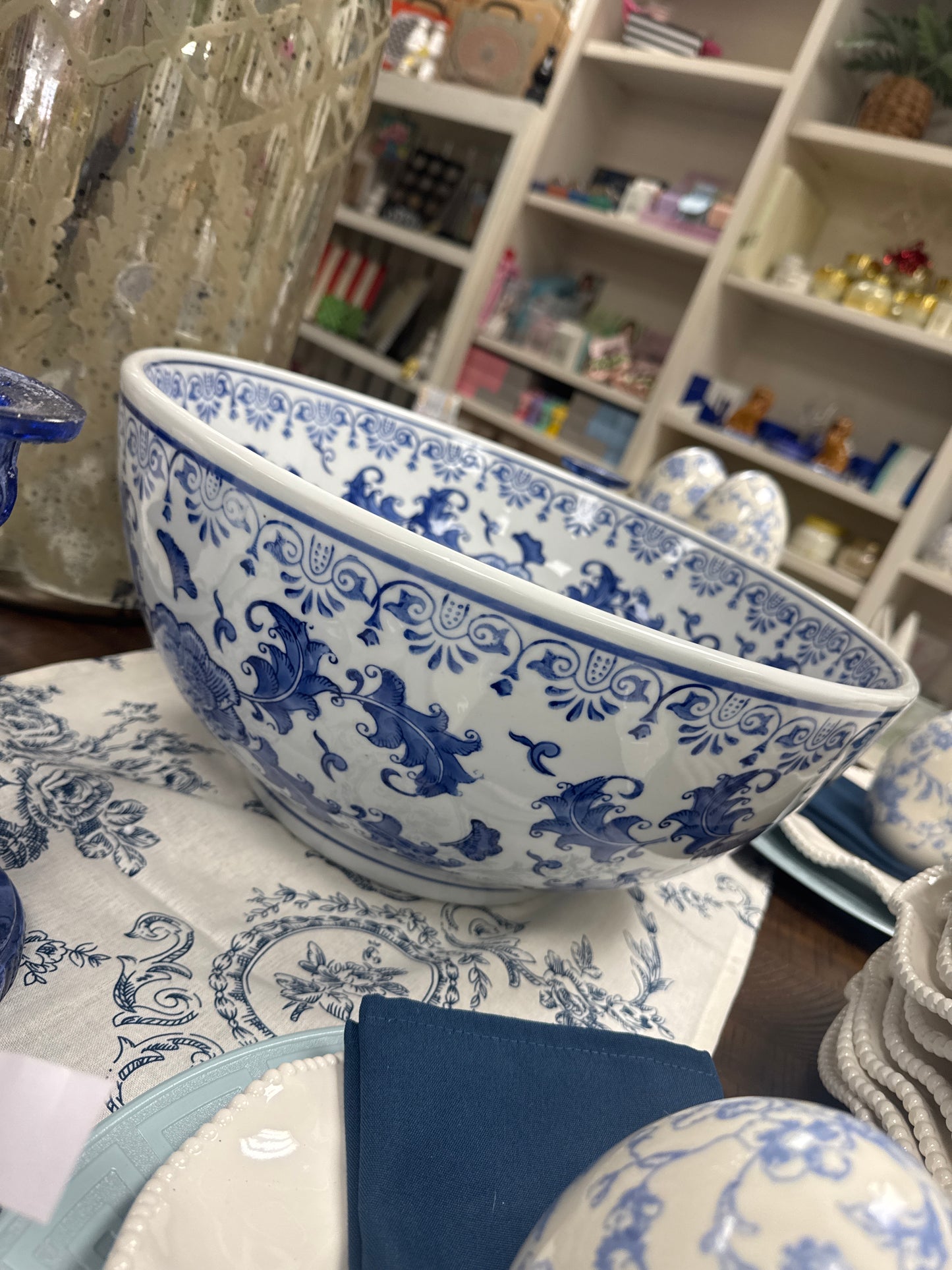 16.25 Inch Blue & White Chinoiserie Ceramic Bowl