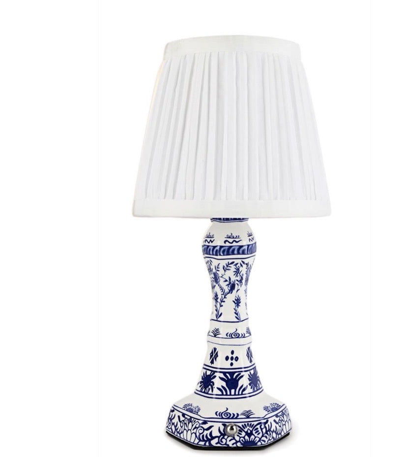 LED Cordless Chinoiserie Blue and White Floral Table Lamp with Pleated Lampshade