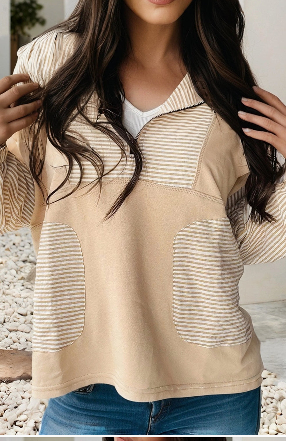 Striped Collared Zipper Long Sleeve Blouse