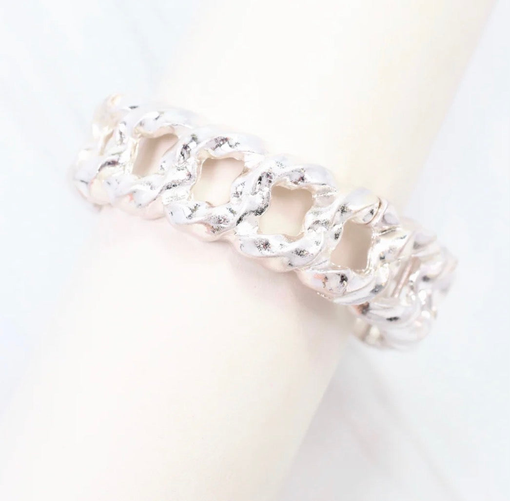 Poesy Link Metal Stretch Bracelet Worn Silver