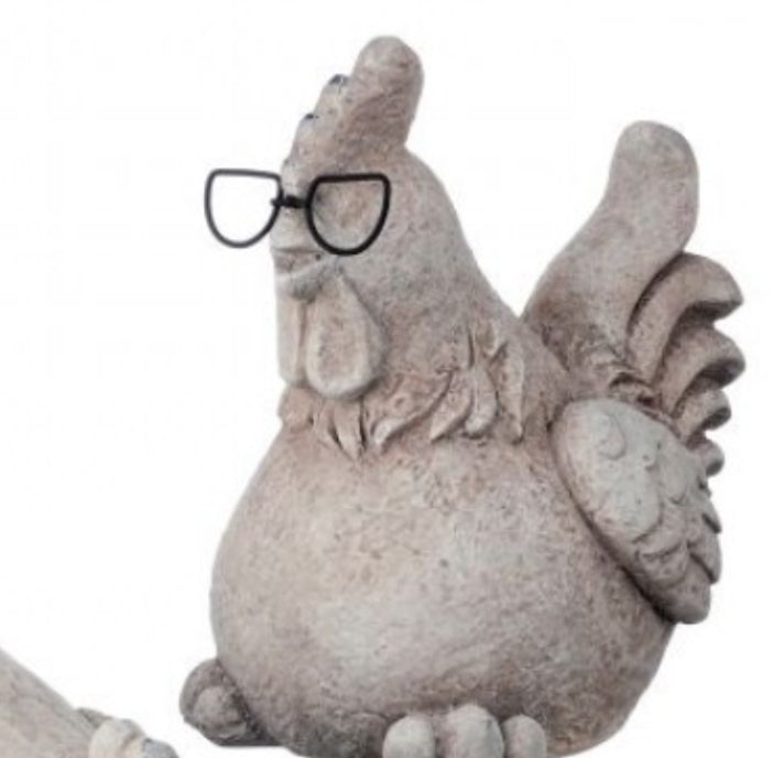 Resin chicken with metal glasses