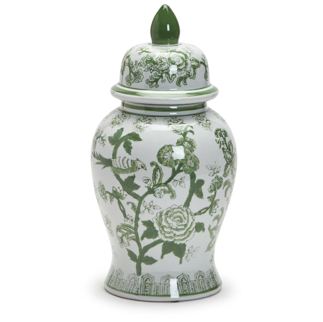 Green and white covered temple jar