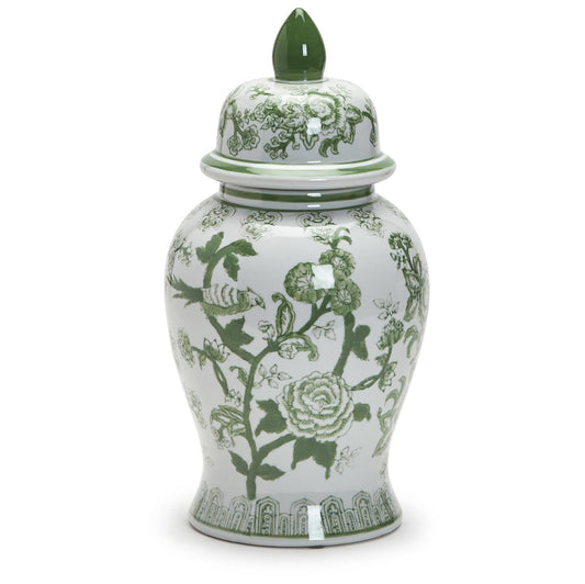 Green and white covered temple jar