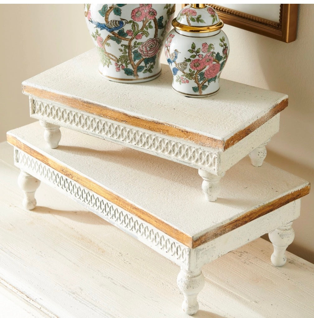 Distressed White Risers with Gold Trim