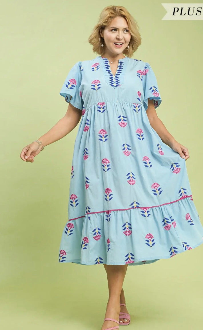 Peri Blue Embroidered Tiered Midi Dress
